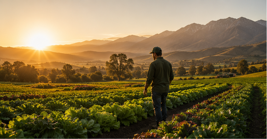 Amanecer sobre los campos de lechugas de Granja Verde, con un agricultor caminando entre las hileras y la cordillera al fondo