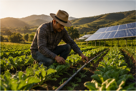 Agricultor revisando el riego por goteo entre hileras de zapallo, con paneles solares al fondo del campo
